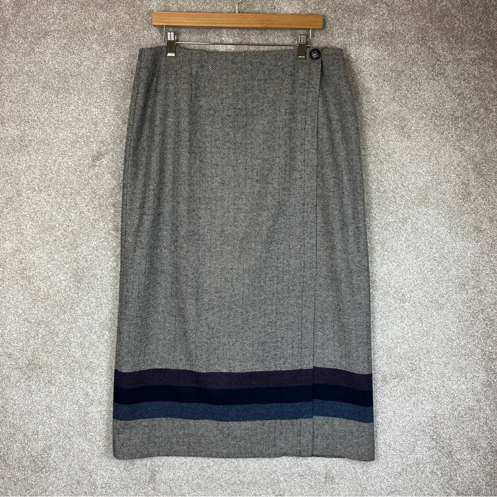 Michele Skirt Womens 14P Gray Herringbone Wool Blend Midi Striped Lined- 3607